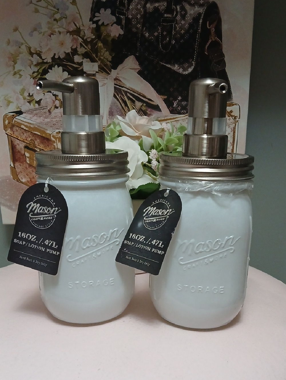 Mason White Embossed Glass Soap & Lotion Pump Set NWT